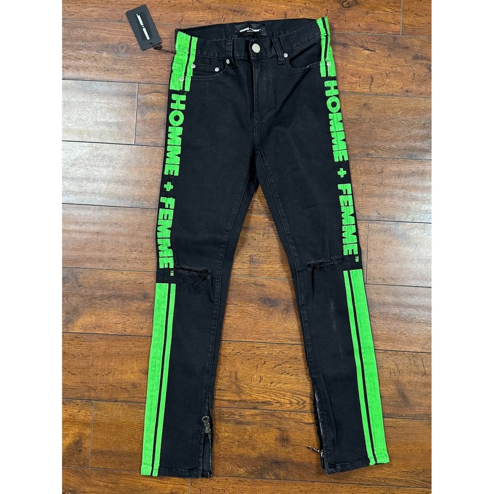 Homme + Femme Striped Logo Skinny Jeans 26 Black Neon Green NWT Made in LA